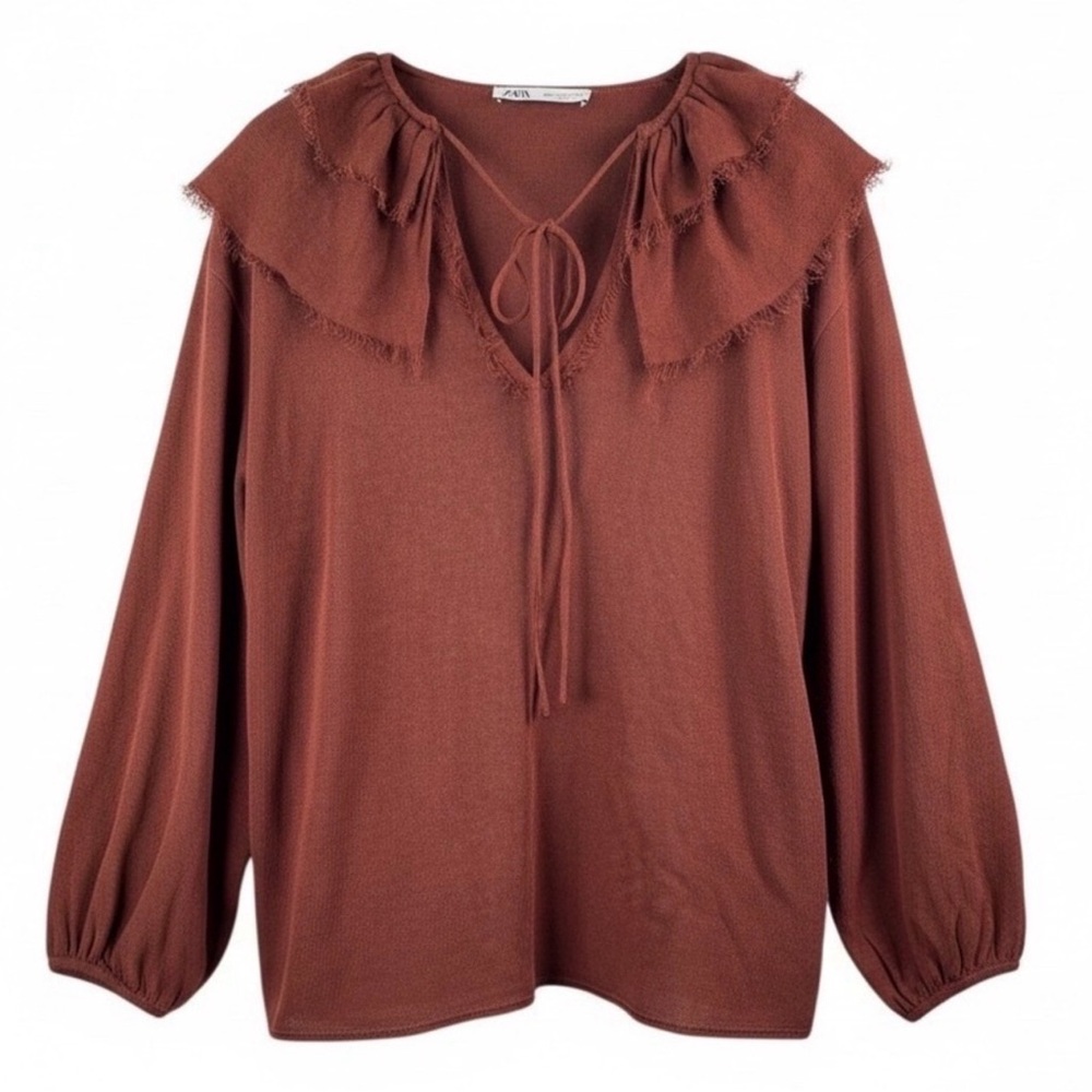 Zara Rust Ruffled Blouse Linen Blend Sz Small